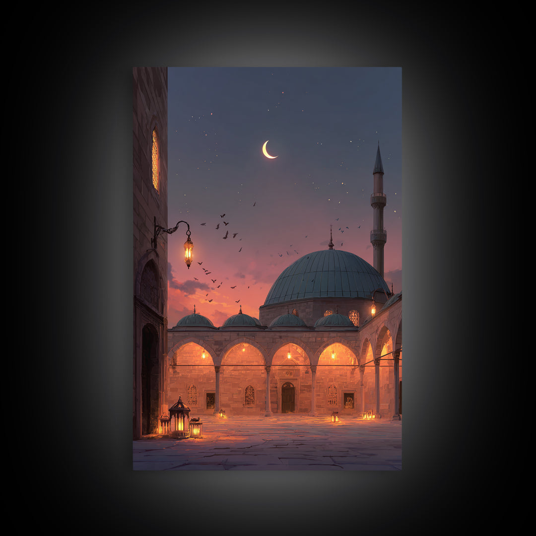 Magical Mosque Courtyard At Dusk With Lanterns And Crescent Moon Vibrant Islamic Wall Art Framed Canvas Print