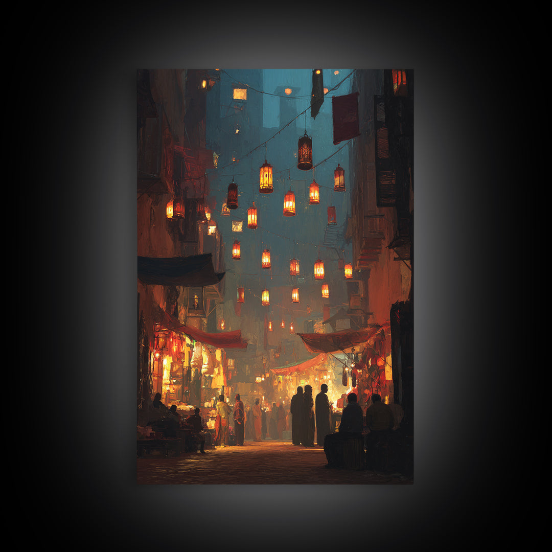 Vibrant Night Market Scene Oil Painting Wall Art Canvas Print For Living Room Decor And Boho Home