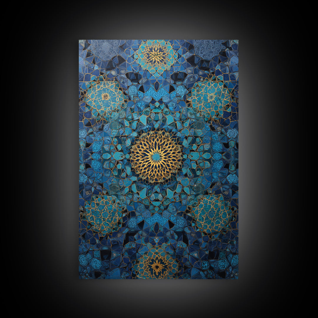 Intricate Blue And Gold Islamic Geometric Pattern Wall Art Framed Canvas Print For Modern Home Decor