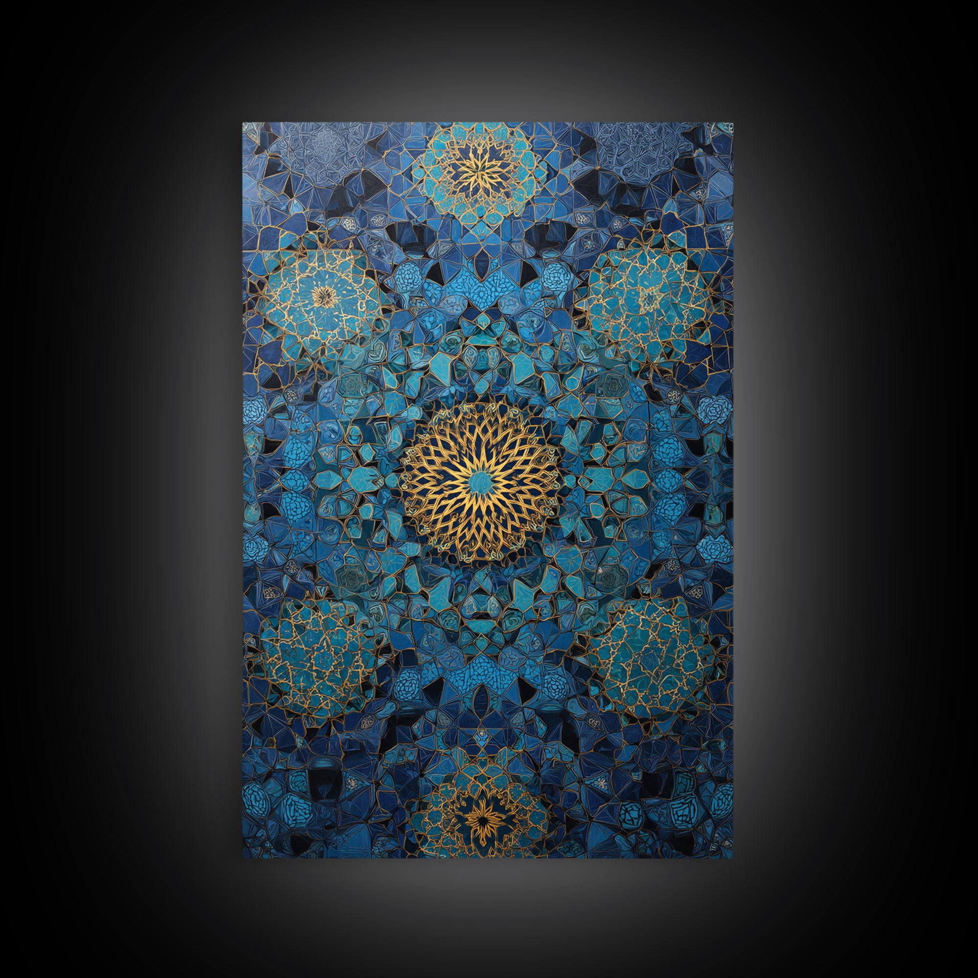 Intricate Blue And Gold Islamic Geometric Pattern Wall Art Framed Canvas Print For Modern Home Decor