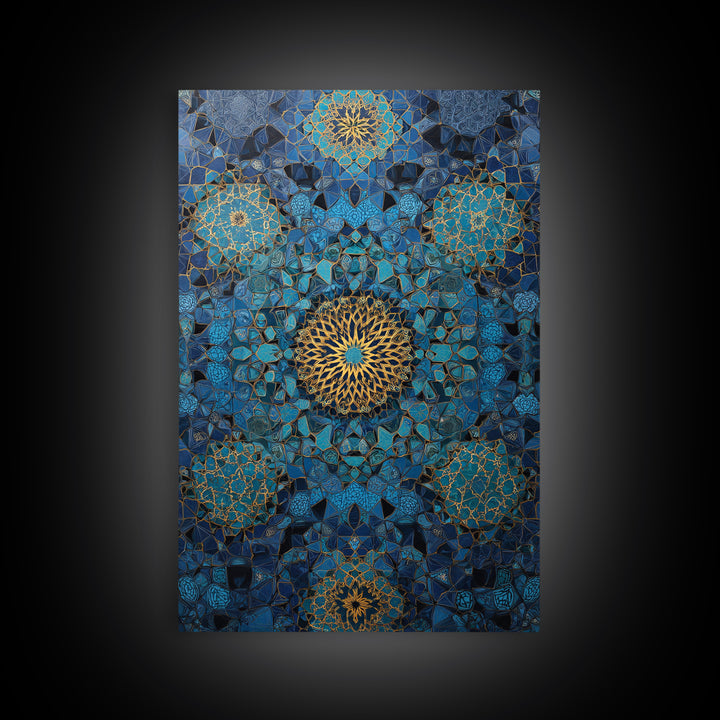 Intricate Blue And Gold Islamic Geometric Pattern Wall Art Framed Canvas Print For Modern Home Decor