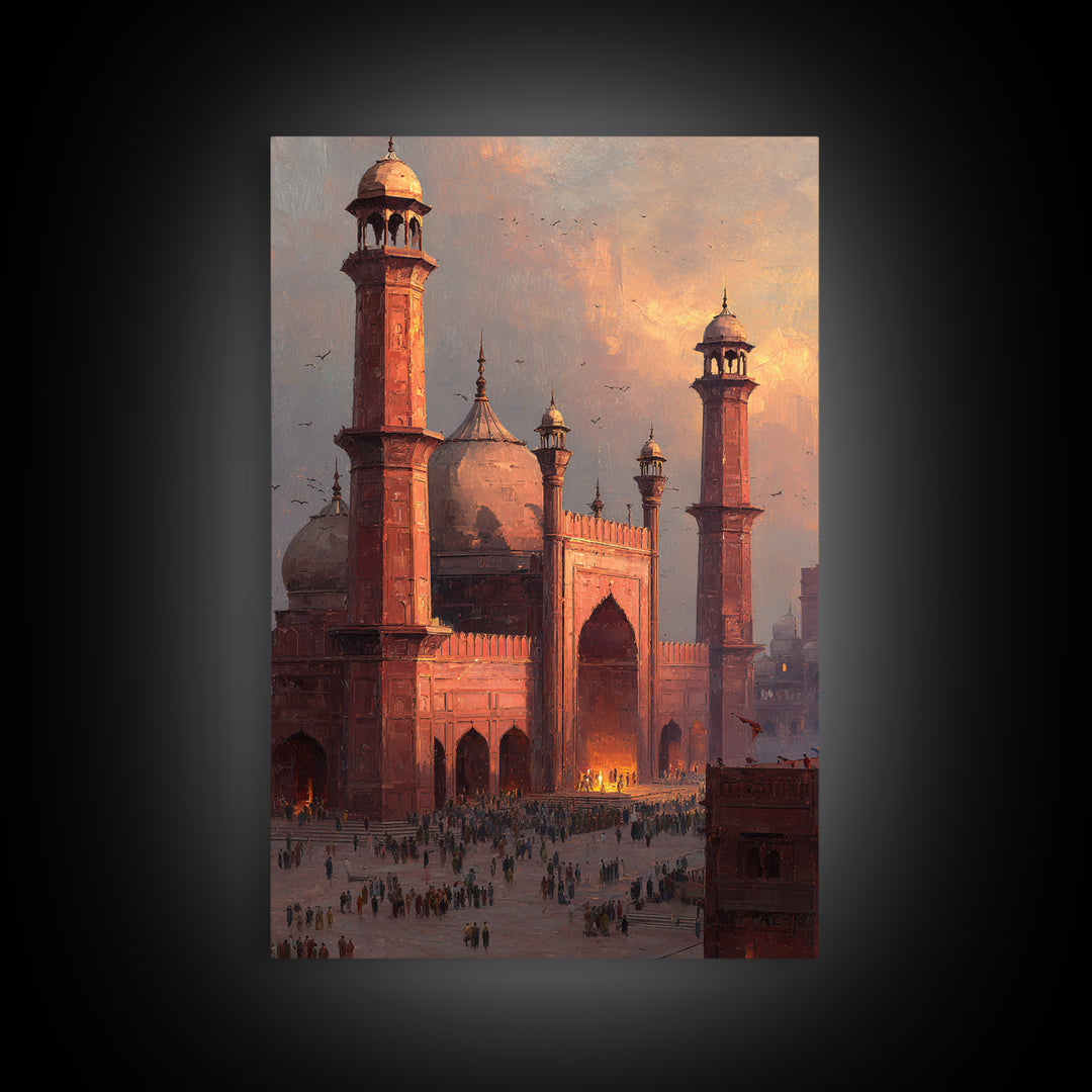 Historic Red Mosque Sunset Scene With Crowds And Birds Captured In Beautiful Oil Painting Wall Art