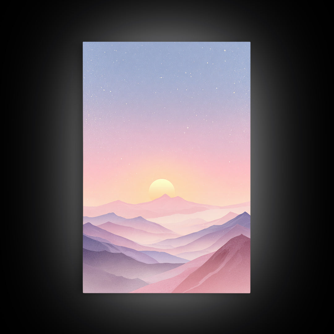 Pastel Mountain Sunrise Under Starry Sky Wall Art, Minimalist Landscape Print, Calming Bedroom Decor, Modern Home Decor, Gift