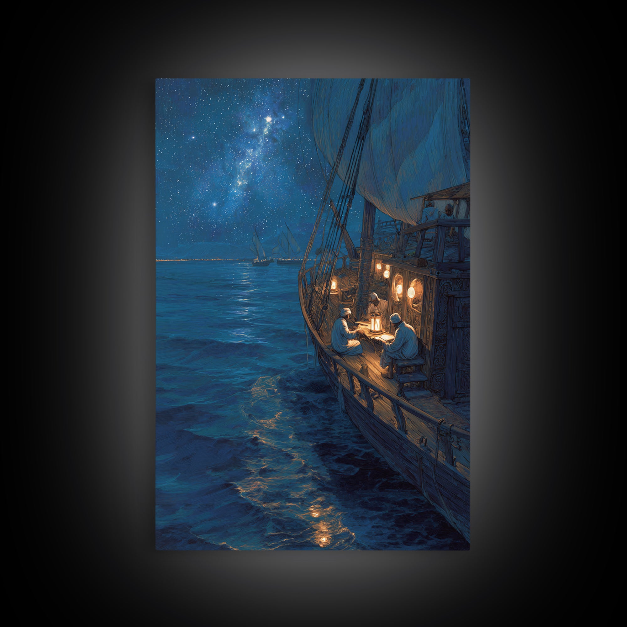Sailors Reading By Lantern On Historic Ship Under Starry Night Sky Wall Art Framed Canvas Print For Nautical Home Decor