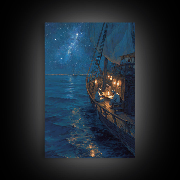 Sailors Reading By Lantern On Historic Ship Under Starry Night Sky Wall Art Framed Canvas Print For Nautical Home Decor