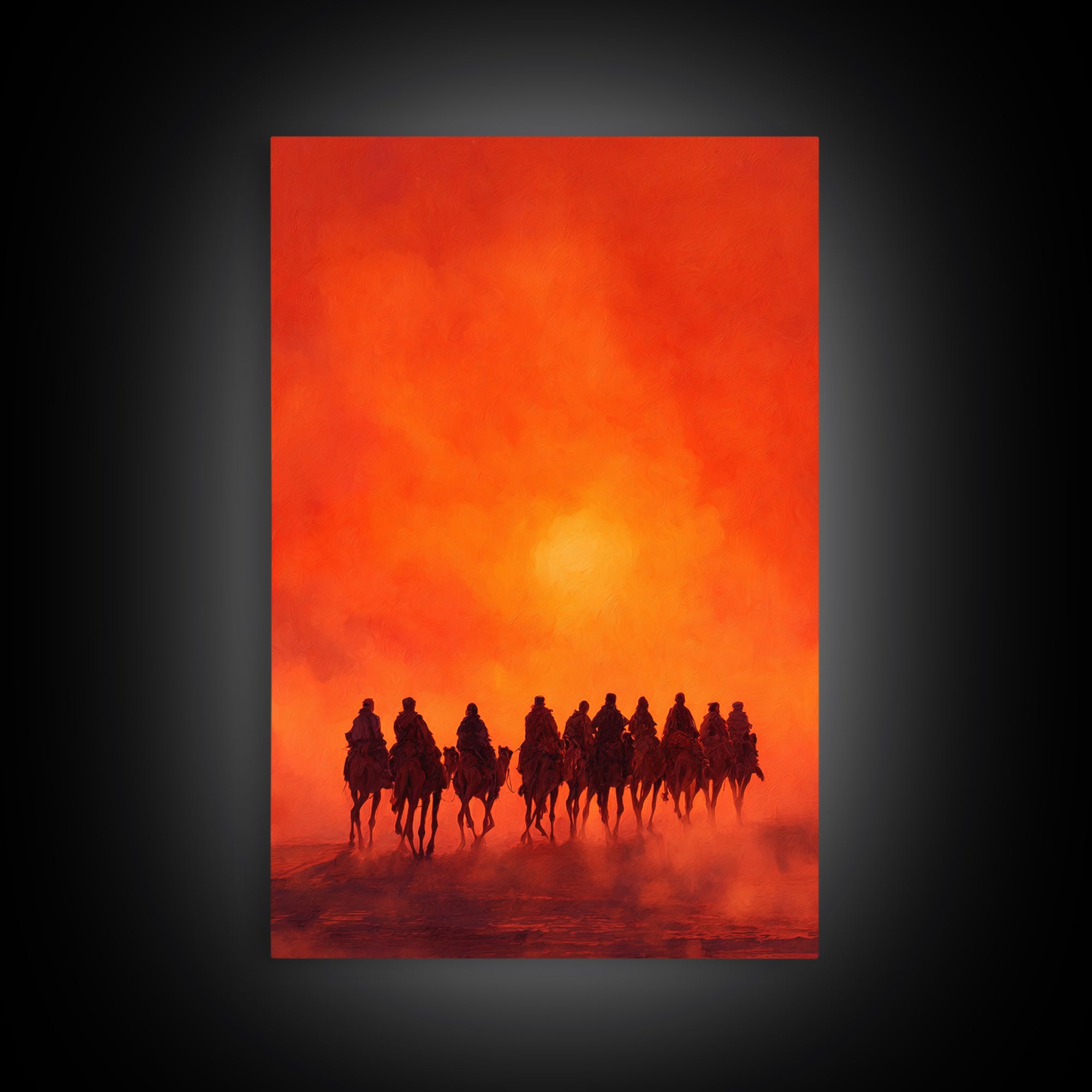 Silhouettes Of Travelers On Camels Against Vibrant Orange Sunset Desert Landscape Wall Art Canvas Print