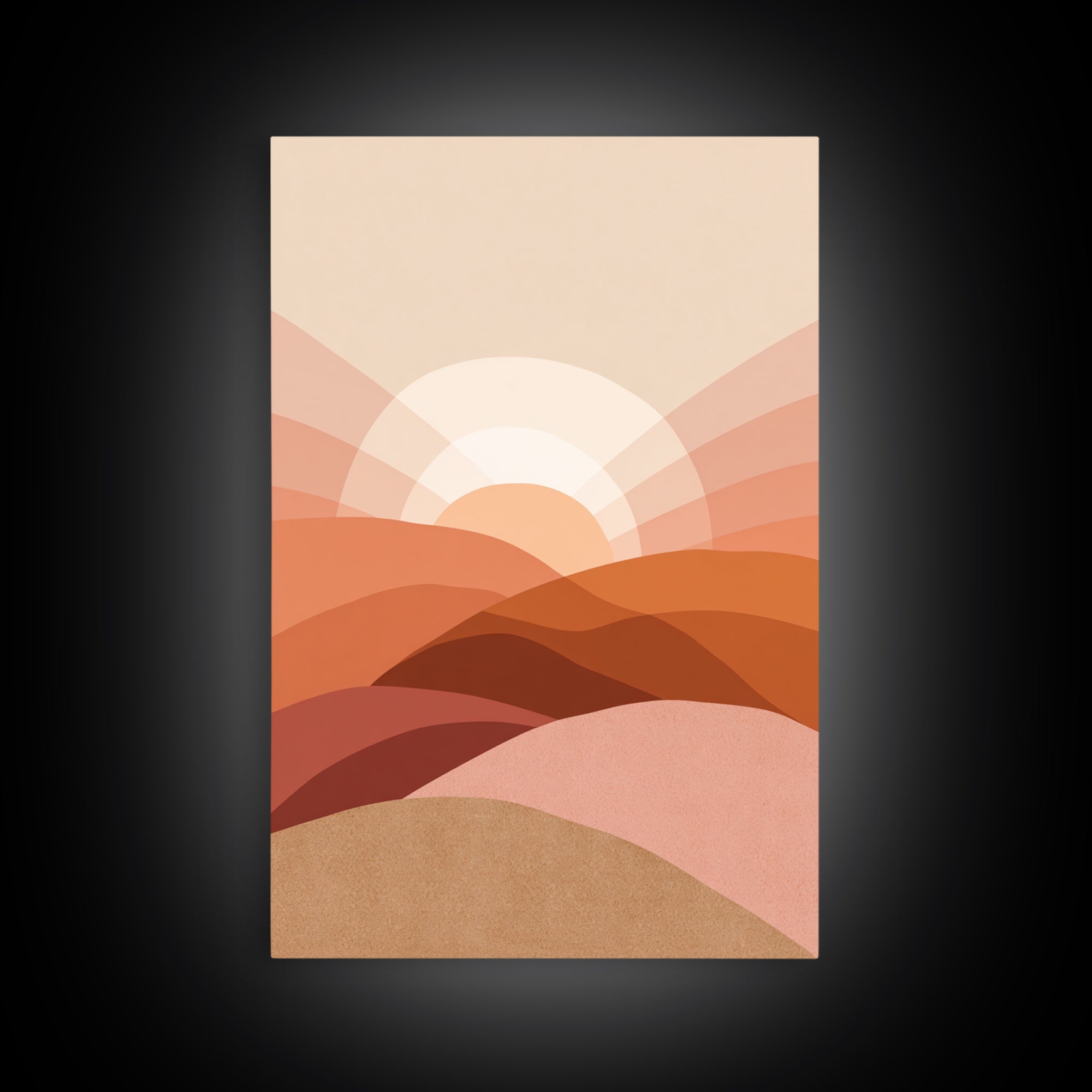 Terracotta Desert Sunrise Over Layered Hills Framed Canvas Print, Boho Wall Art, Earth Tone Decor, Large Abstract Landscape