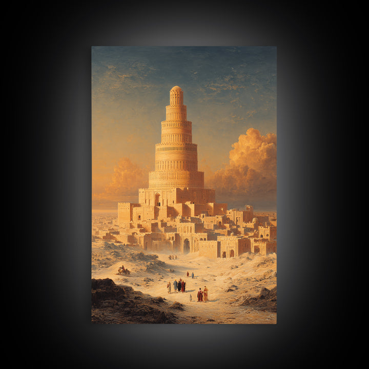 Majestic Ancient Tower With People And Sunset Sky Painting Wall Art Framed Canvas Print For Home Decor