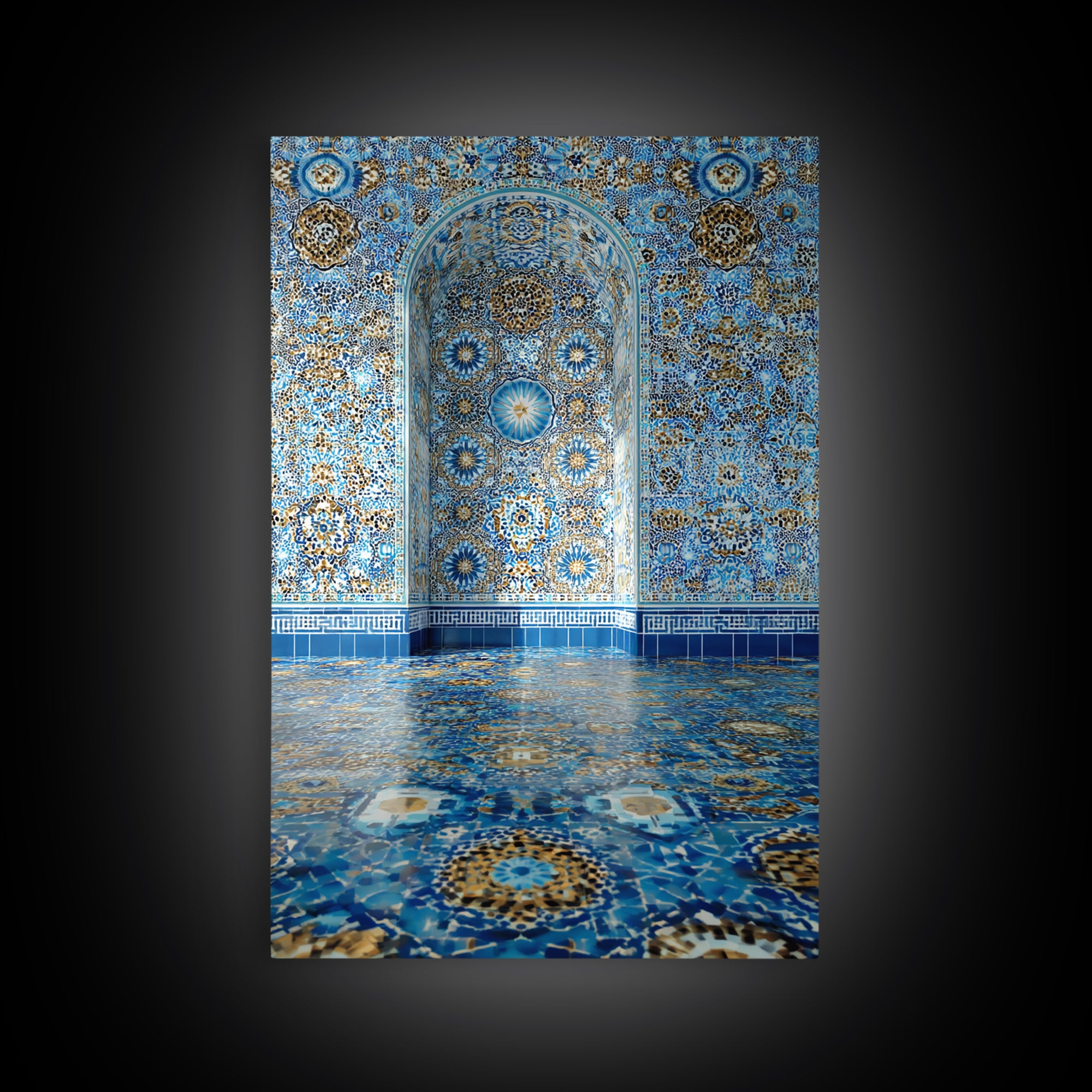 Intricate Islamic Tile Pattern Blue And Gold Wall Art Framed Canvas Print Featuring Elegant Cultural Home Decor Or Gift