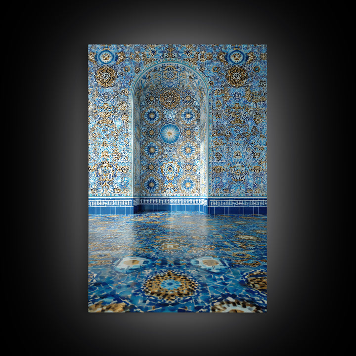 Intricate Islamic Tile Pattern Blue And Gold Wall Art Framed Canvas Print Featuring Elegant Cultural Home Decor Or Gift