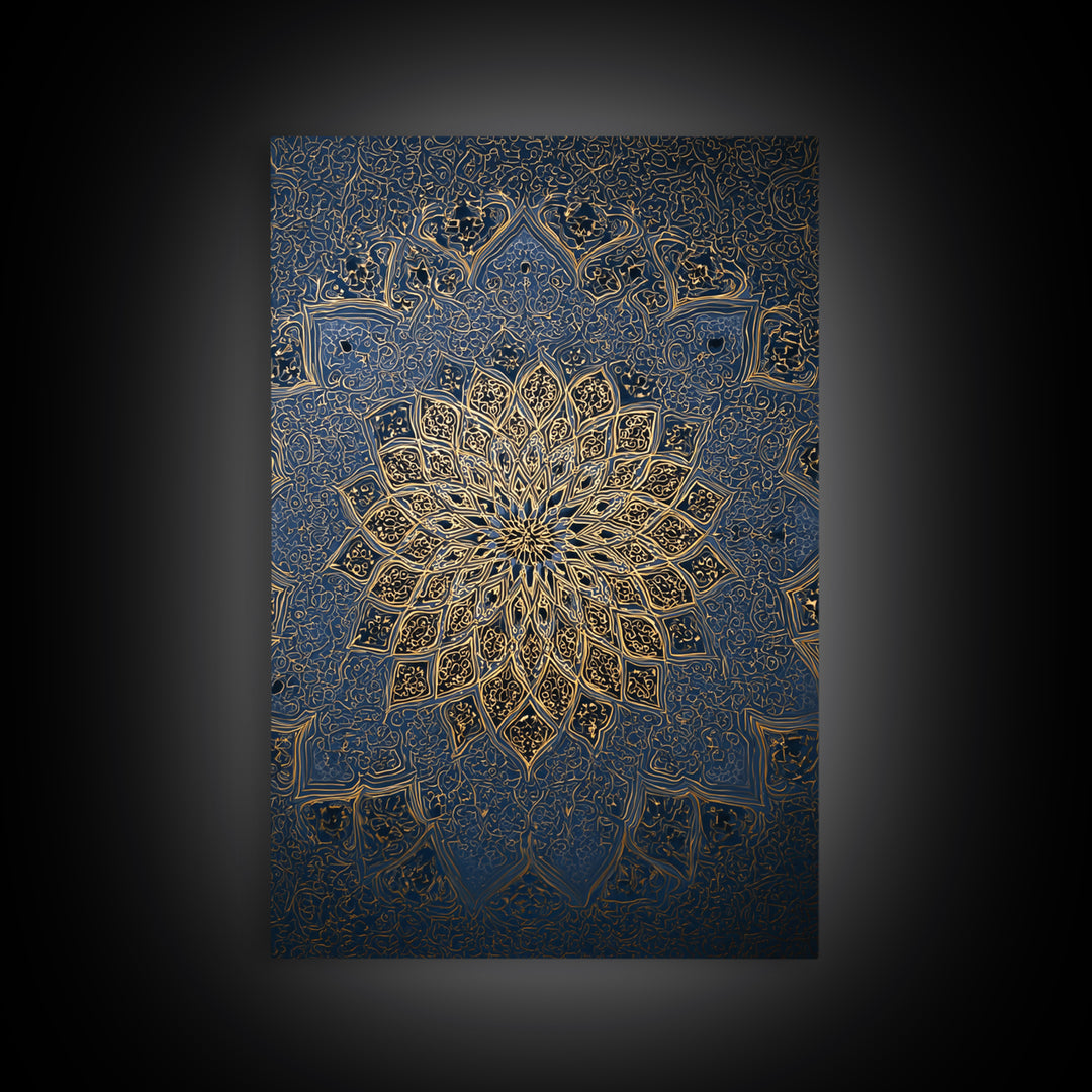 Intricate Blue And Gold Islamic Mandala Wall Art With Ornate Patterns Framed Canvas Print For Elegant Modern Home Decor