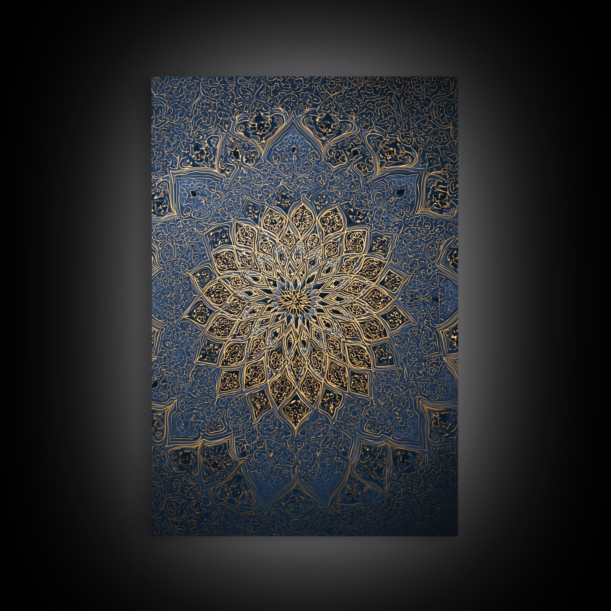 Intricate Blue And Gold Islamic Mandala Wall Art With Ornate Patterns Framed Canvas Print For Elegant Modern Home Decor