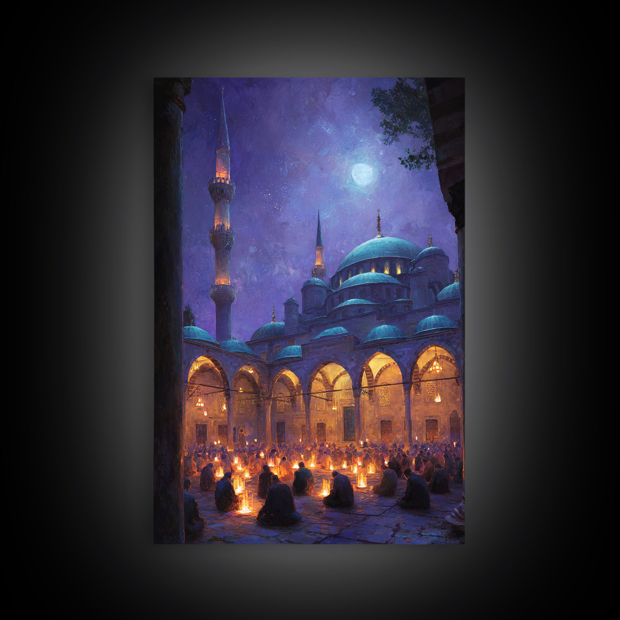 Starry Night Prayer Scene With Glowing Lamps And Mesmerizing Night Sky In Traditional Islamic Architecture Wall Art