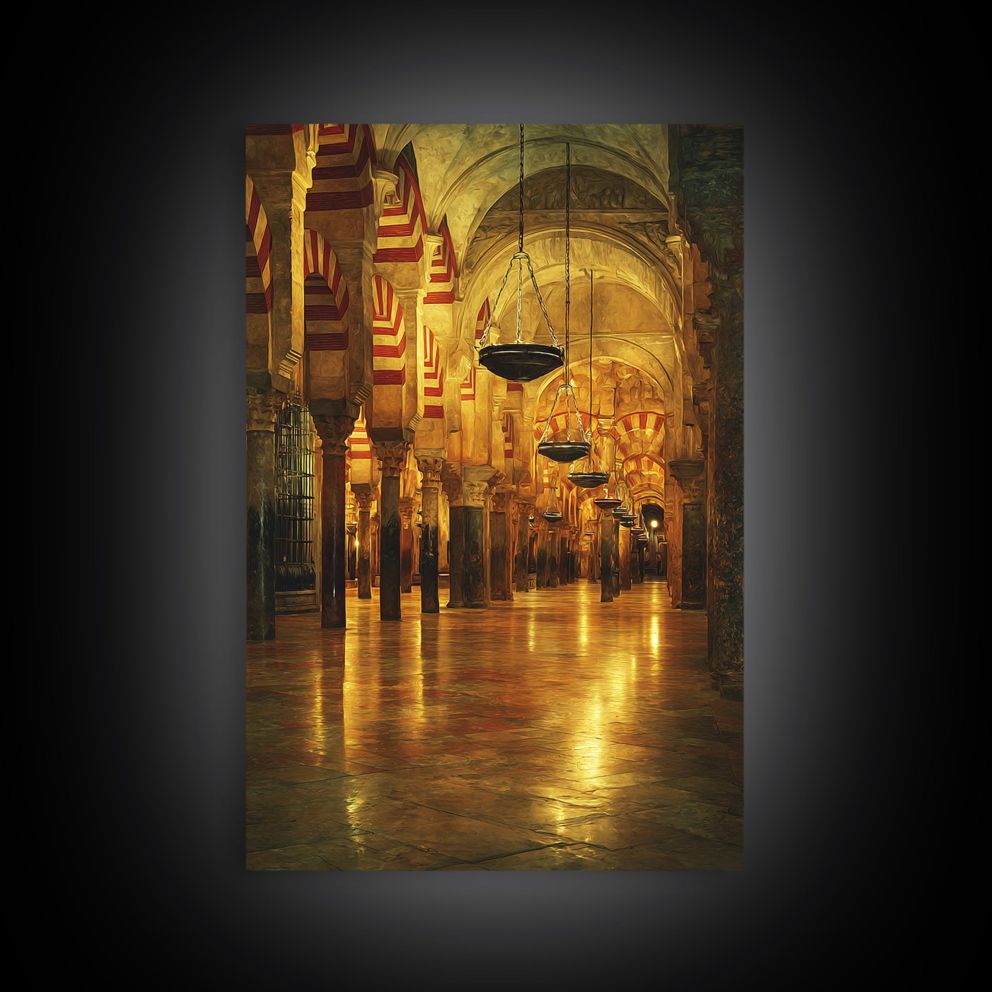 Golden Mosque Interior Glowing Warm Light Framed Canvas Islamic Wall Art Traditional Architecture Home Decor