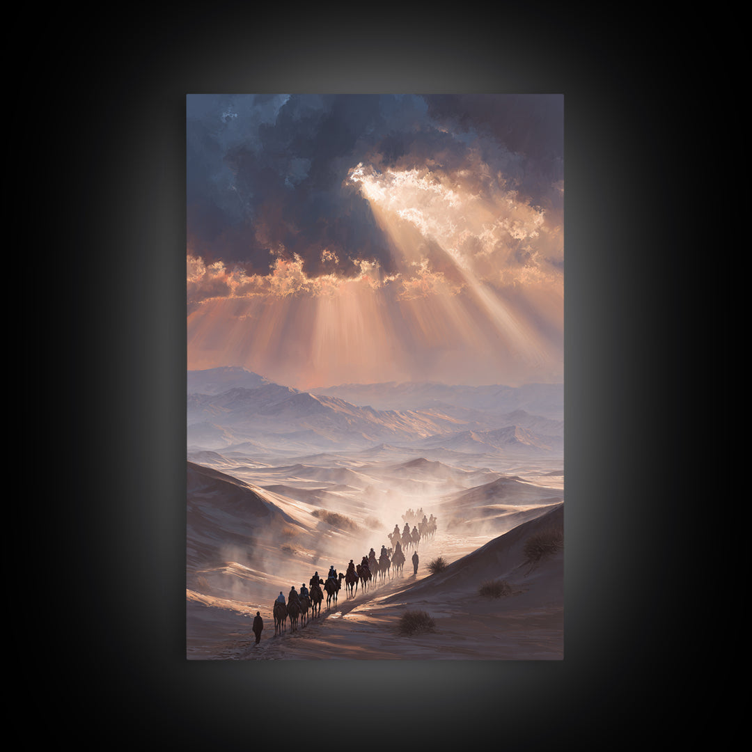Desert Caravan Landscape Painting Dramatic Sunset Wall Art Framed Canvas Print For Southwest Home Decor Gift