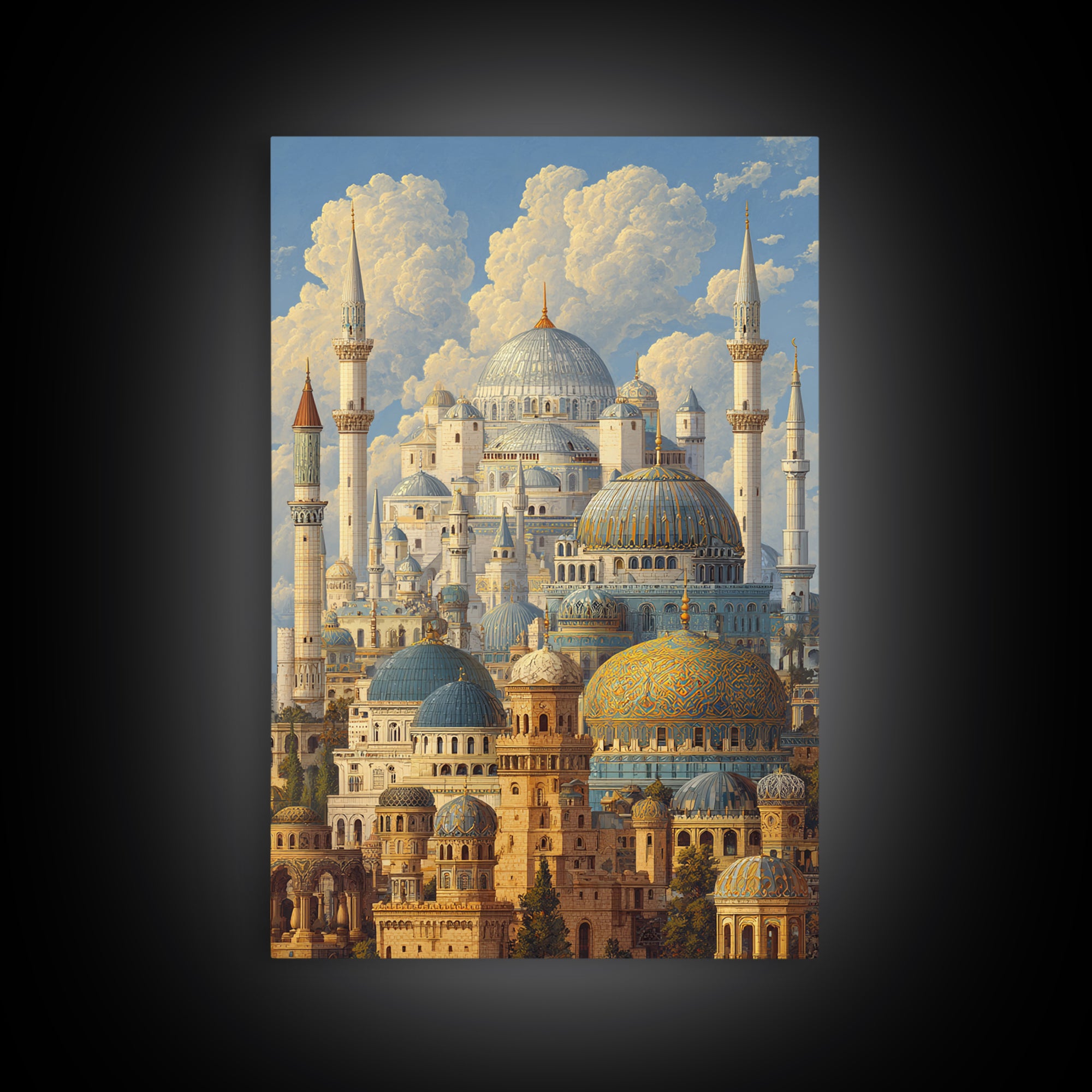 Detailed Ottoman Mosque Architecture With Puffy Clouds Original Landscape Oil Painting Wall Art For Home Or Office Decor