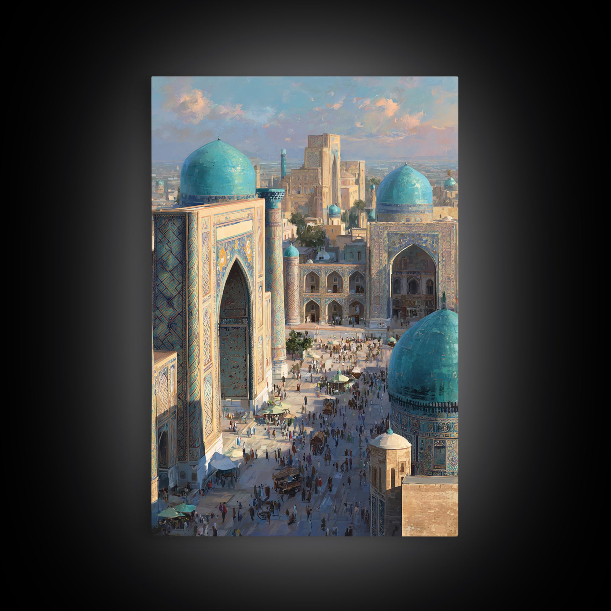 Sunlit Oriental Market Street With Blue Domed Buildings Painting Wall Art Framed Canvas Print