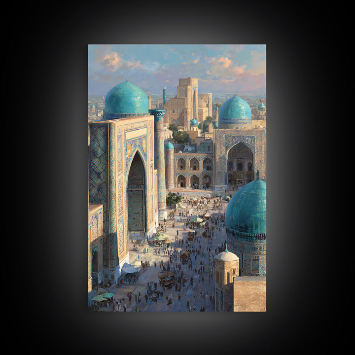 Sunlit Oriental Market Street With Blue Domed Buildings Painting Wall Art Framed Canvas Print