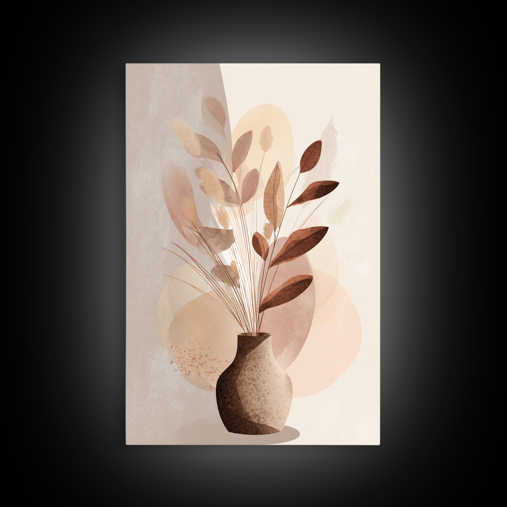 Neutral Botanical Vase With Soft Abstract Leaves Framed Canvas Print, Minimalist Wall Art, Japandi Decor, Modern Home Decor