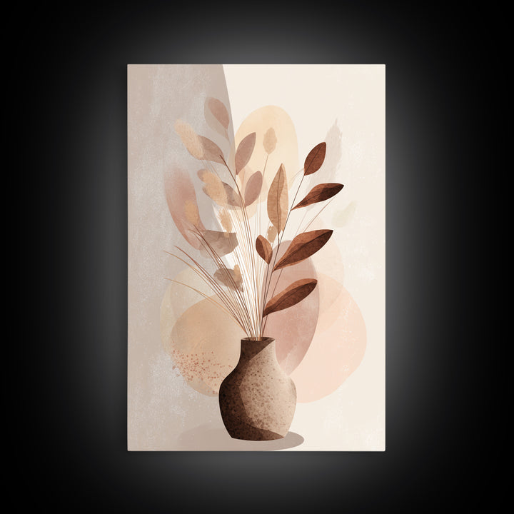Neutral Botanical Vase With Soft Abstract Leaves Framed Canvas Print, Minimalist Wall Art, Japandi Decor, Modern Home Decor