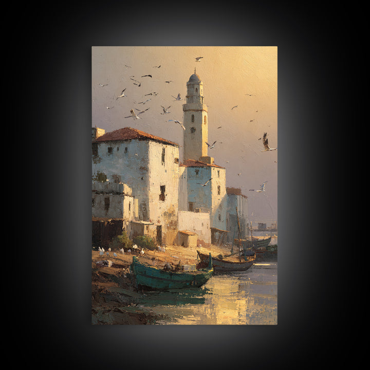 Quiet Coastal Town Harbor Scene With Boats And Warm Light Canvas Print Wall Art For Nautical Home Decor And Living Room Wall Art