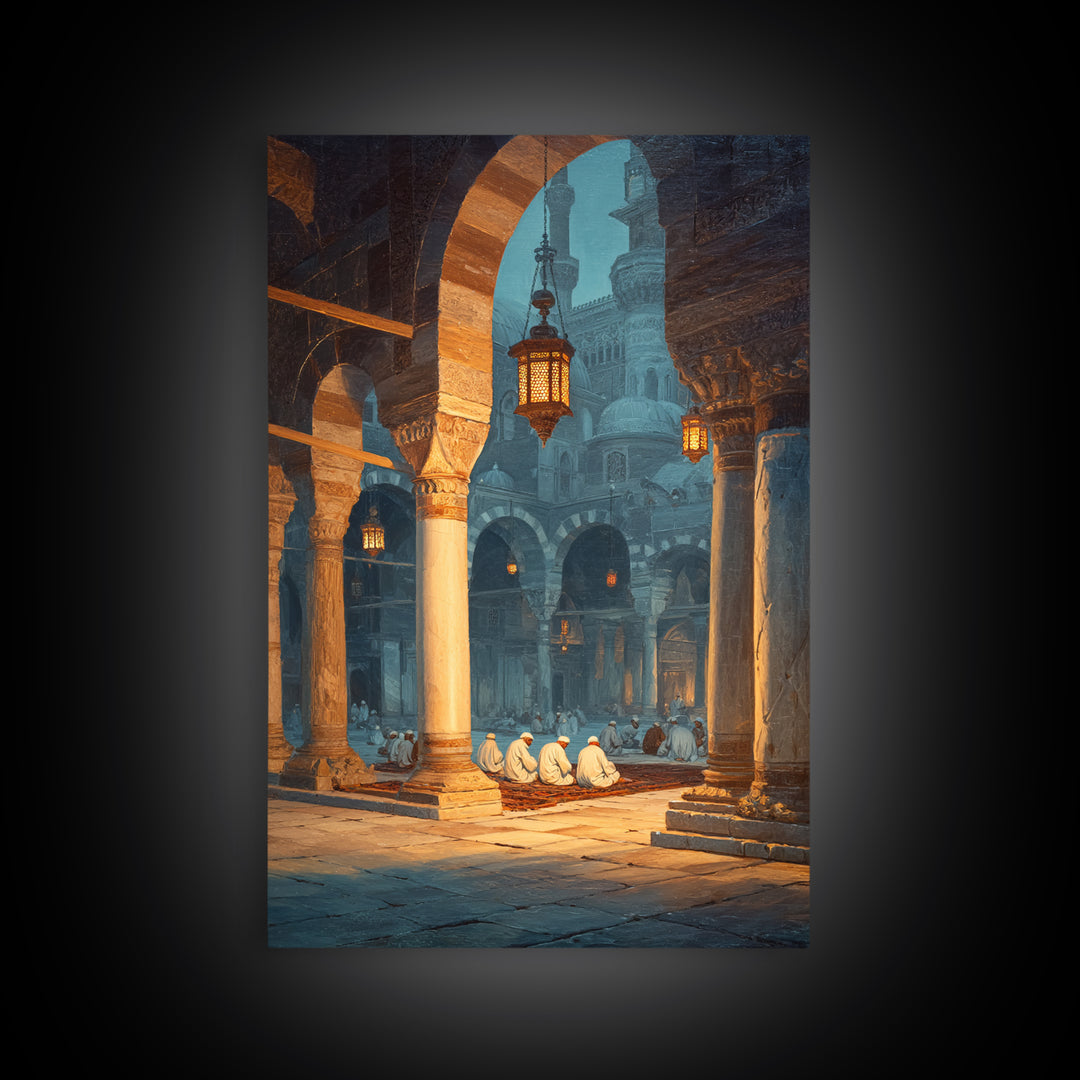 Ancient Mosque Interior With Worshippers And Pillars Framed Canvas Print Islamic Wall Art Modern Home Decor