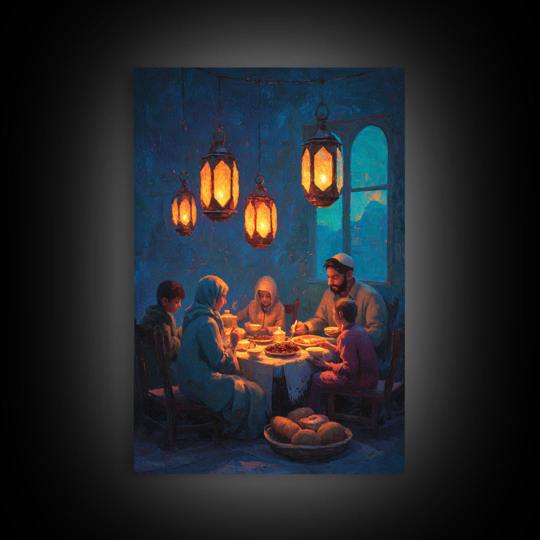 Warm Family Dinner Scene Oil Painting Inspired Wall Art Framed Canvas Print For Cozy Home Decor Gift For Loved Ones