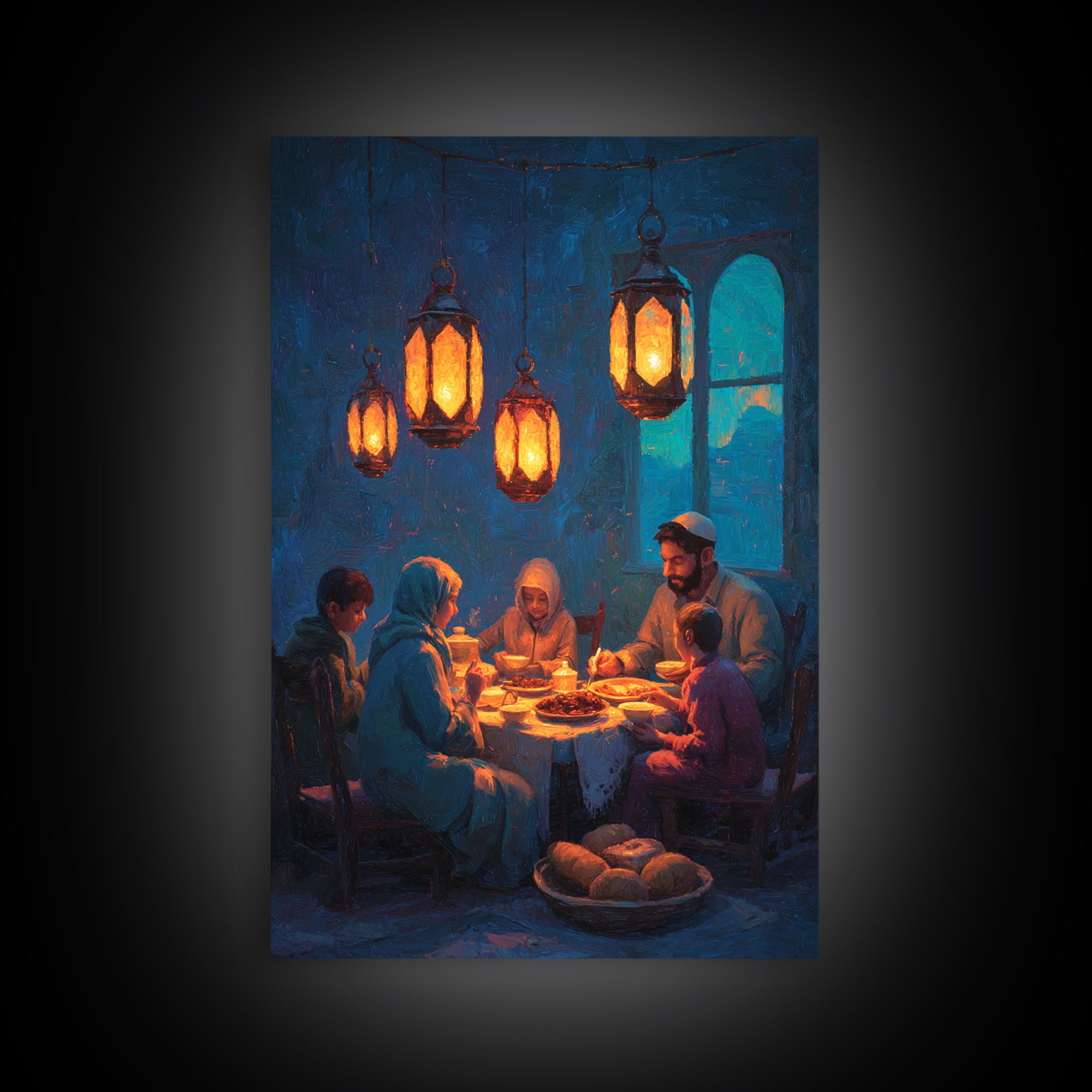 Warm Family Dinner Scene Oil Painting Inspired Wall Art Framed Canvas Print For Cozy Home Decor Gift For Loved Ones