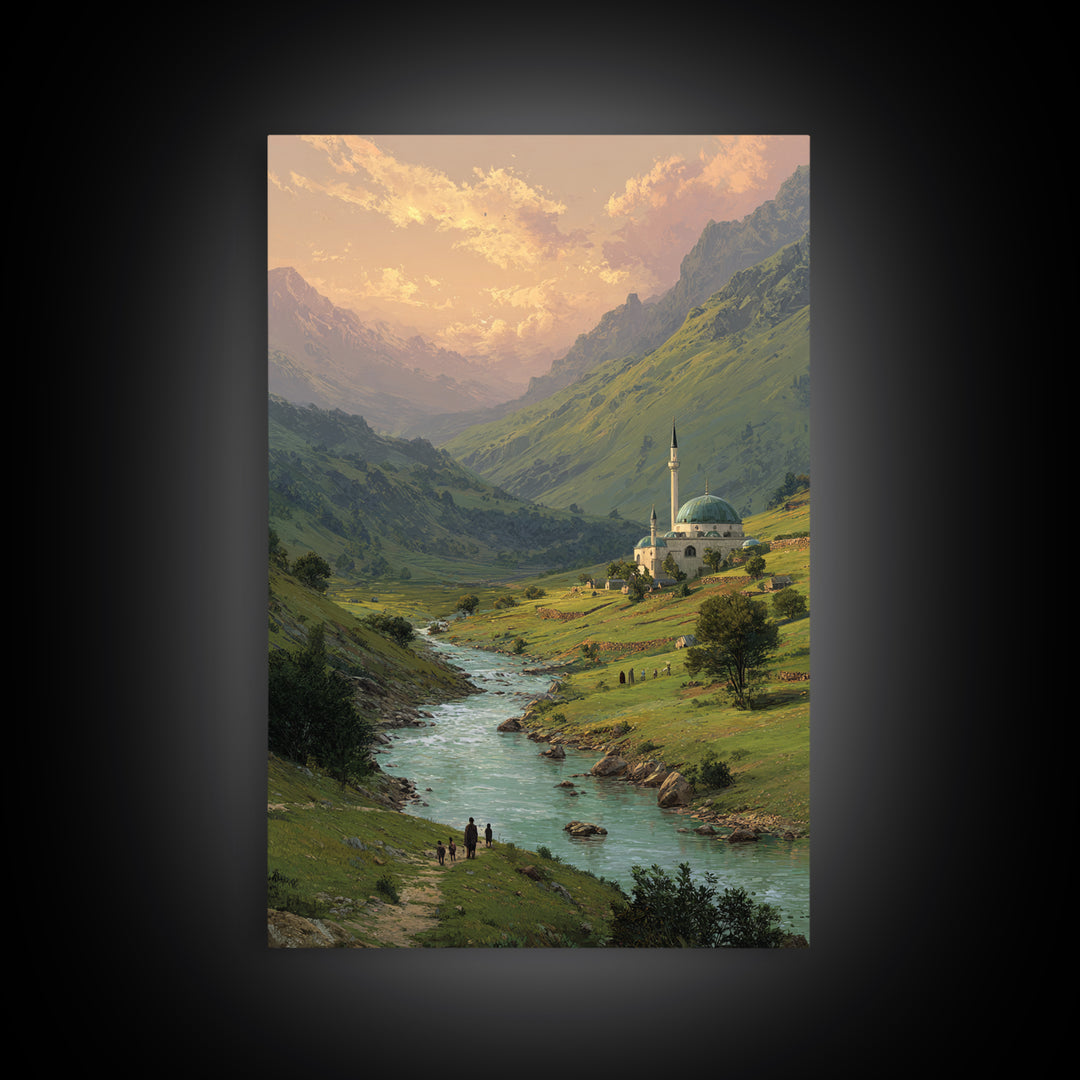 Peaceful Mountain Village With Flowing River Landscape Oil Painting Canvas Print For Nature Lovers And Tranquil Wall Decor