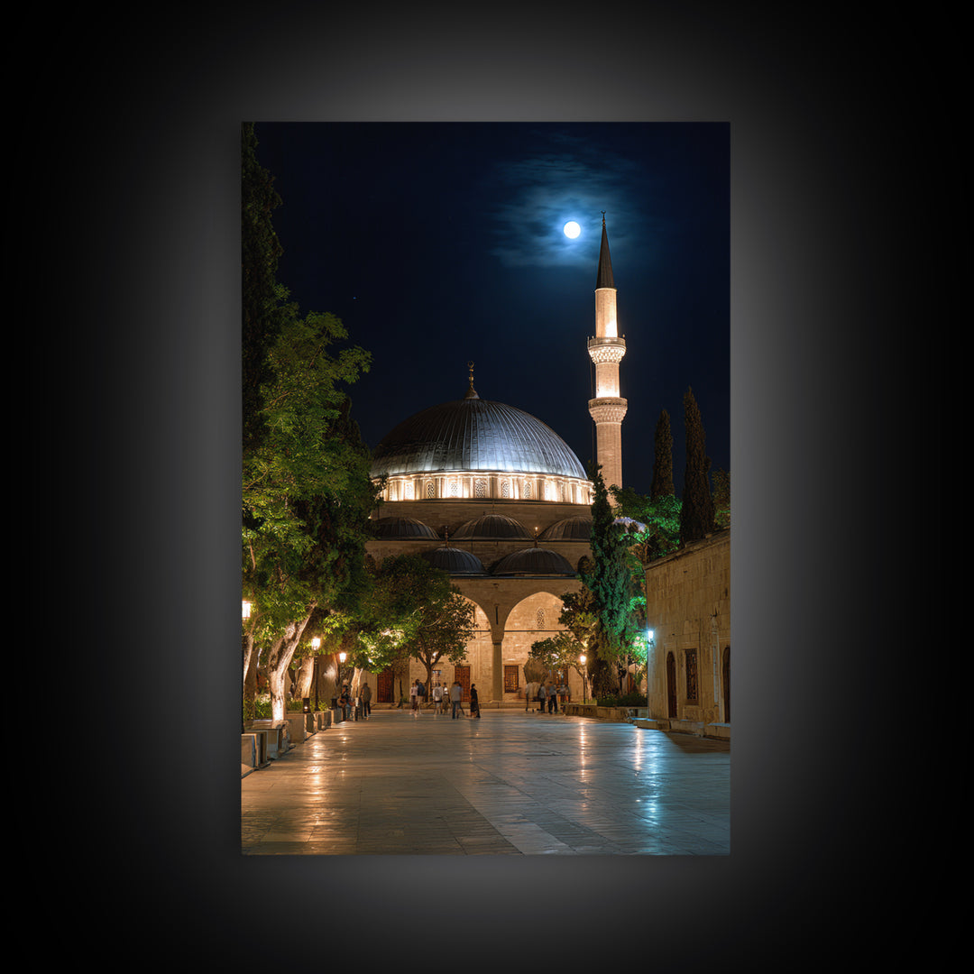 Nighttime Mosque With Illuminated Minaret Photography Wall Art Framed Canvas Print Spiritual Home Decor