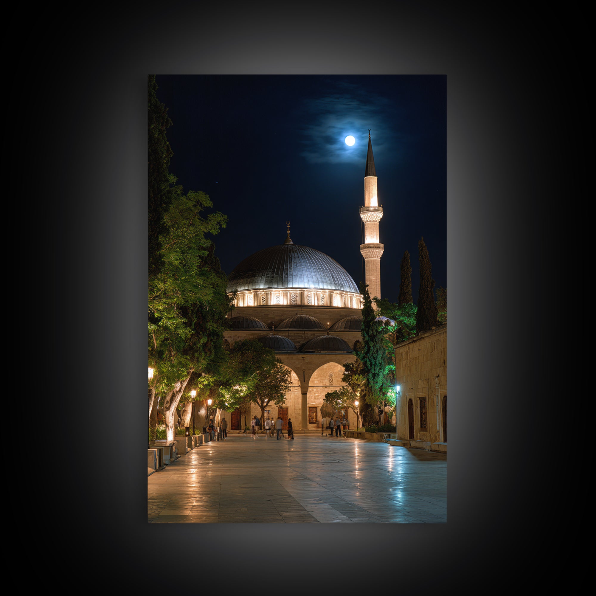 Nighttime Mosque With Illuminated Minaret Photography Wall Art Framed Canvas Print Spiritual Home Decor