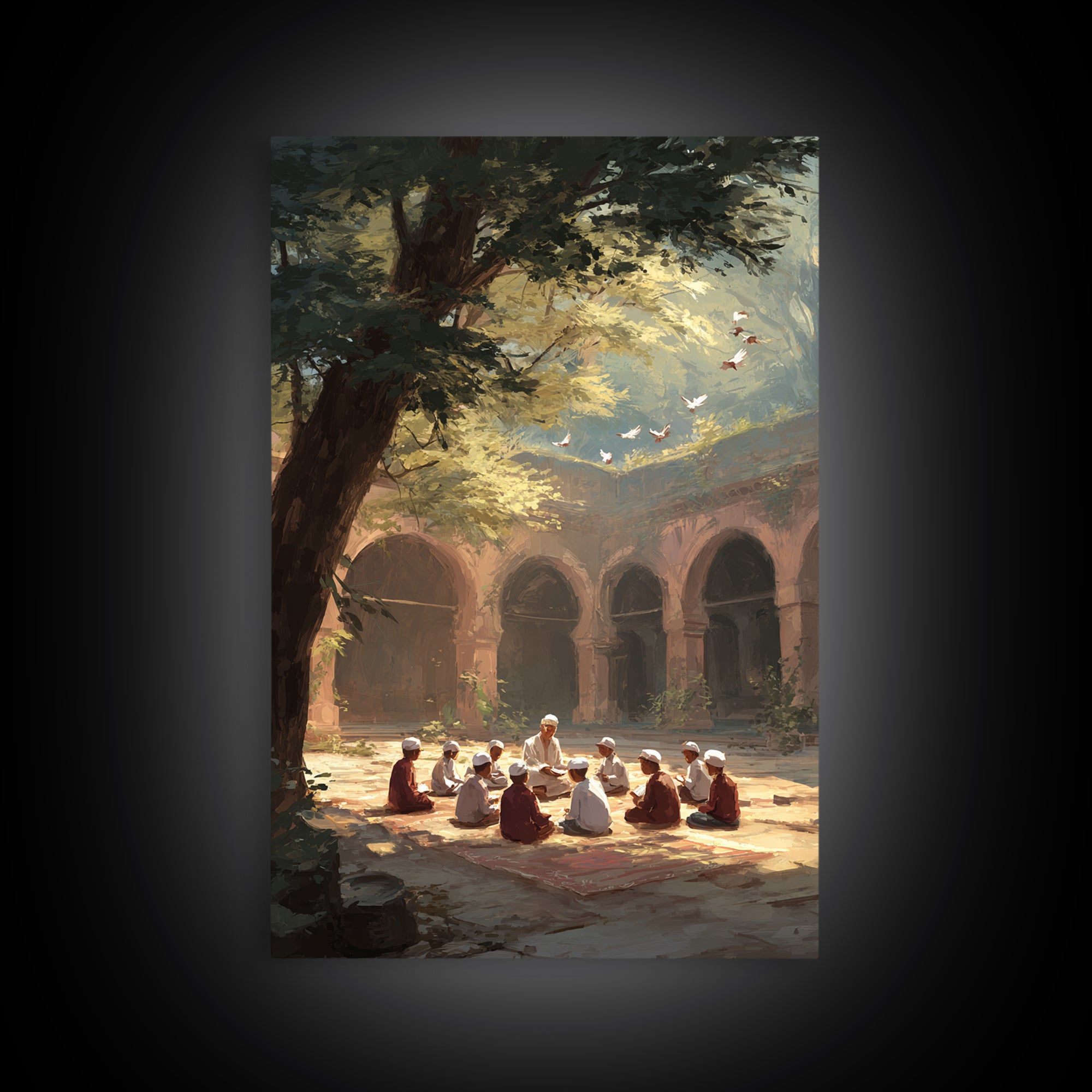 Golden Doves In Sunlit Forest Scenic Nature Painting Framed Canvas Print Rustic Cozy Wall Art For Home