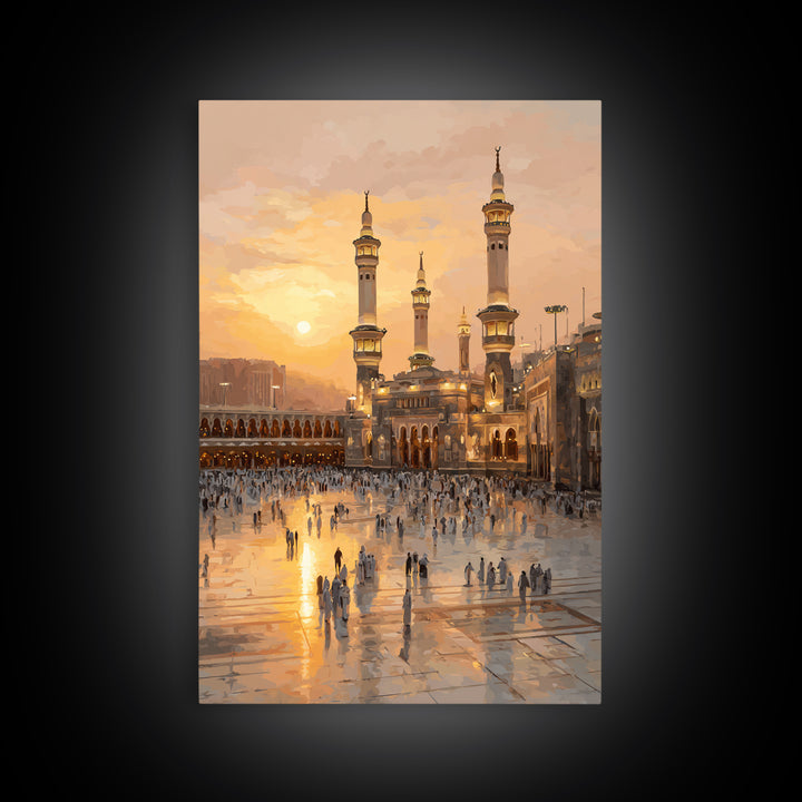 Sunset Over Mecca Mosque Digital Painting Wall Art Framed Canvas Print For Islamic Home Decor And Spiritual Gifts