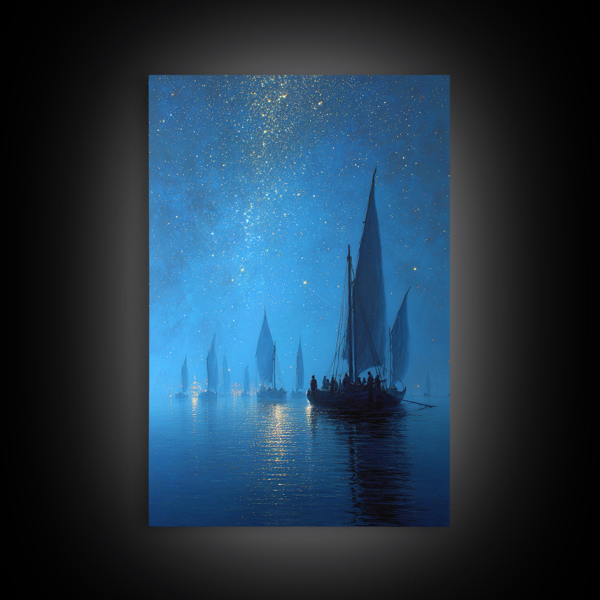 Starry Night Sailboat Scene With Glittering Sky And Calm Water - Modern Wall Art For Living Room Decor