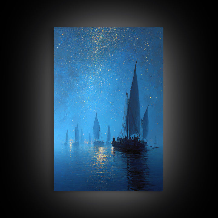 Starry Night Sailboat Scene With Glittering Sky And Calm Water - Modern Wall Art For Living Room Decor