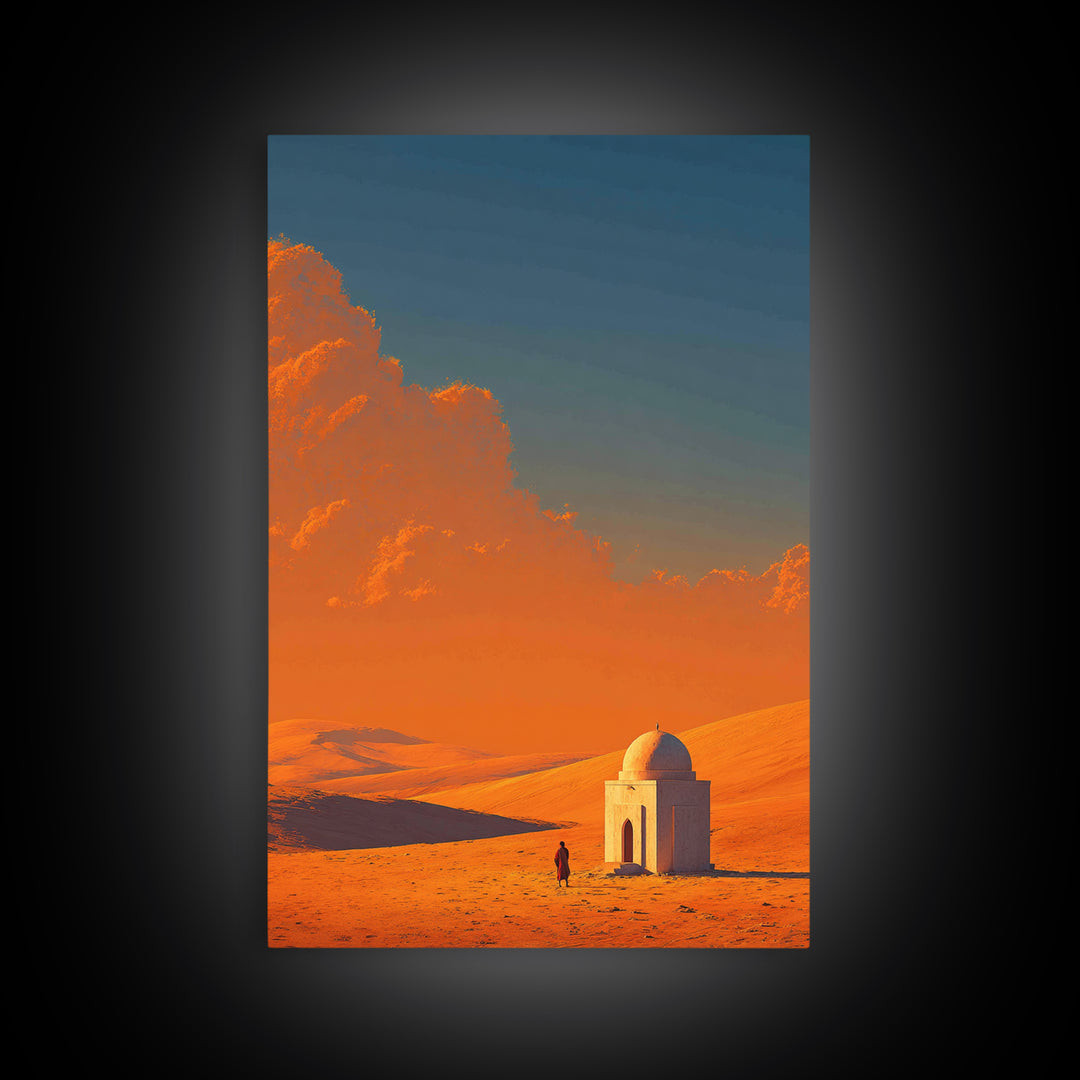 Desert Landscape With Monochrome Architecture And Vibrant Orange Sky Wall Art Framed Canvas Print For Home