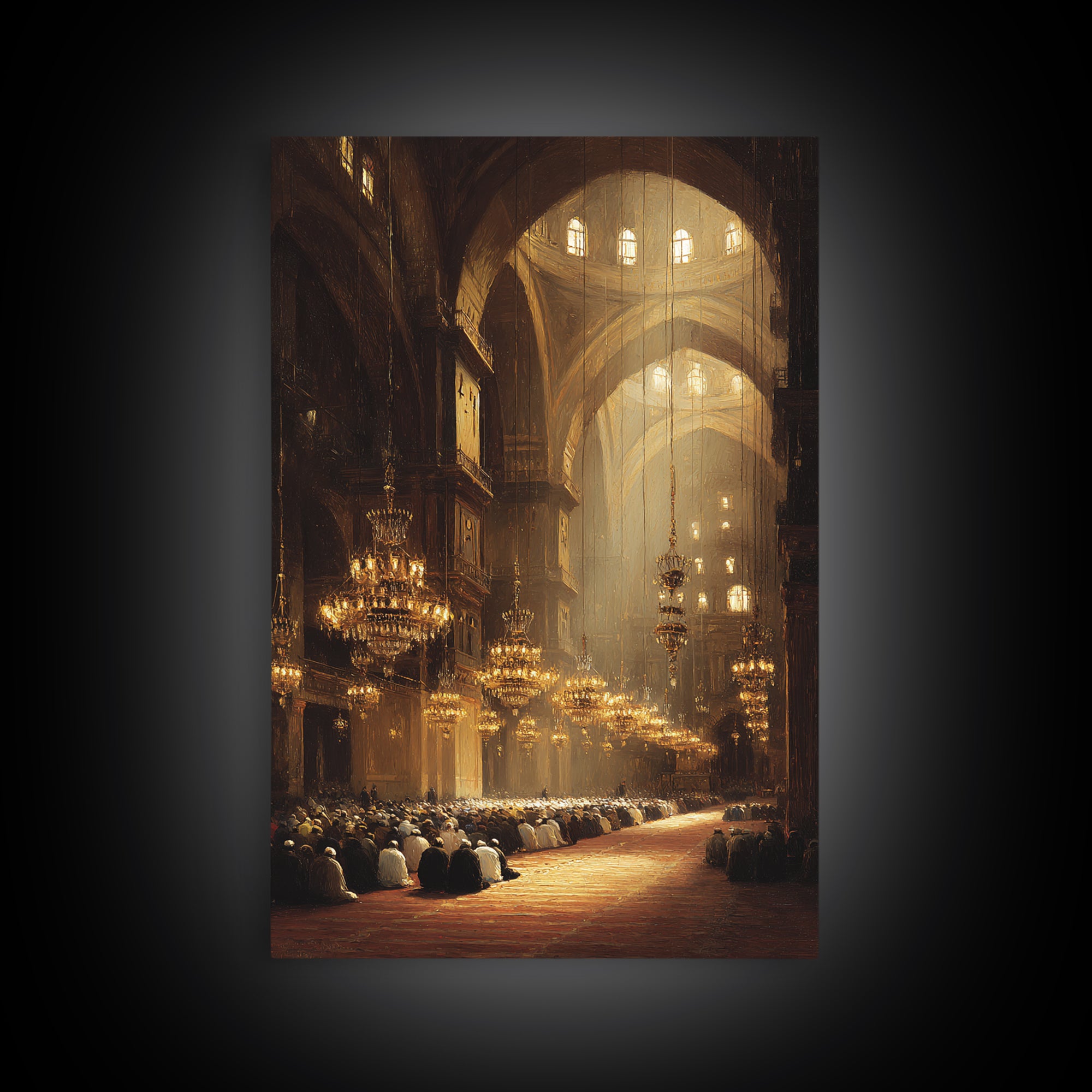 Majestic Mosque Interior With Warm Golden Light And Praying Crowd Religious Wall Art Perfect Home Decor