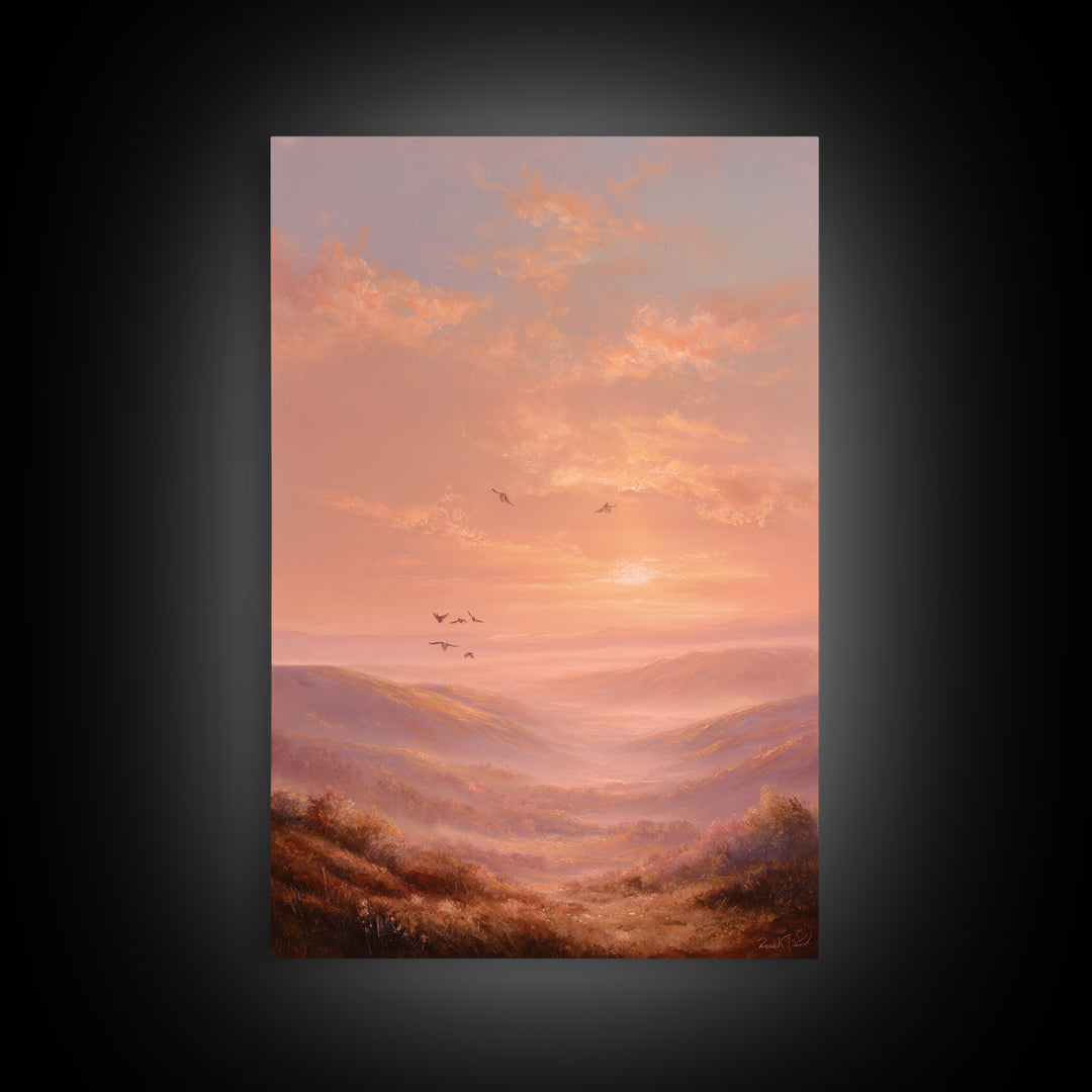 Golden Sunset Mountain Valley With Birds Framed Canvas Print, Landscape Wall Art, Warm Nature Decor, Living Room Wall Decor