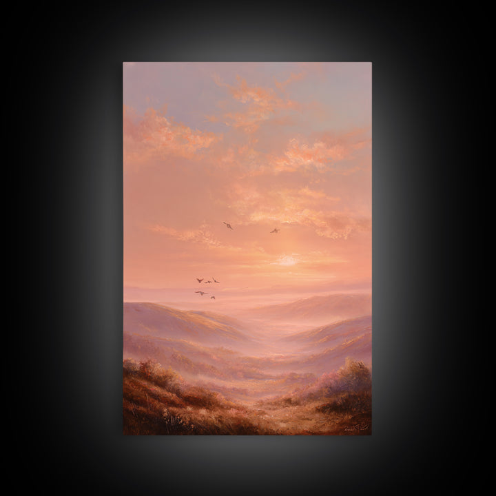 Golden Sunset Mountain Valley With Birds Framed Canvas Print, Landscape Wall Art, Warm Nature Decor, Living Room Wall Decor
