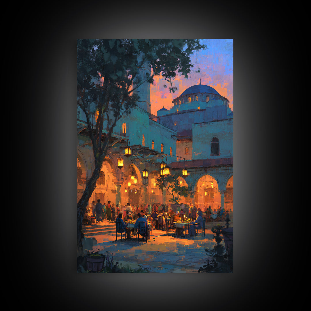 Serene Evening Mosque Courtyard With Warm Light And People Digital Painting Canvas Print For Cultural And Cozy Wall Decor