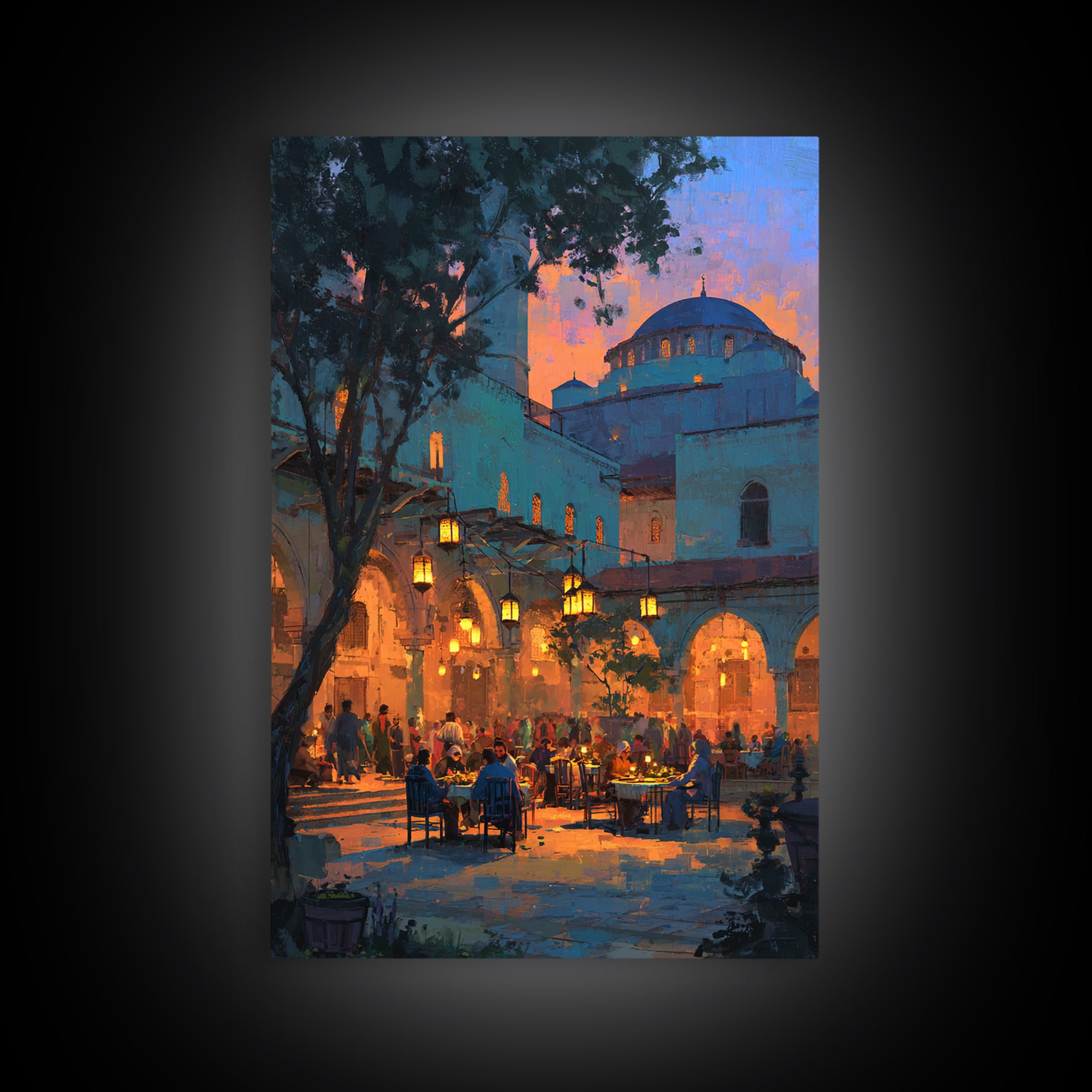 Serene Evening Mosque Courtyard With Warm Light And People Digital Painting Canvas Print For Cultural And Cozy Wall Decor