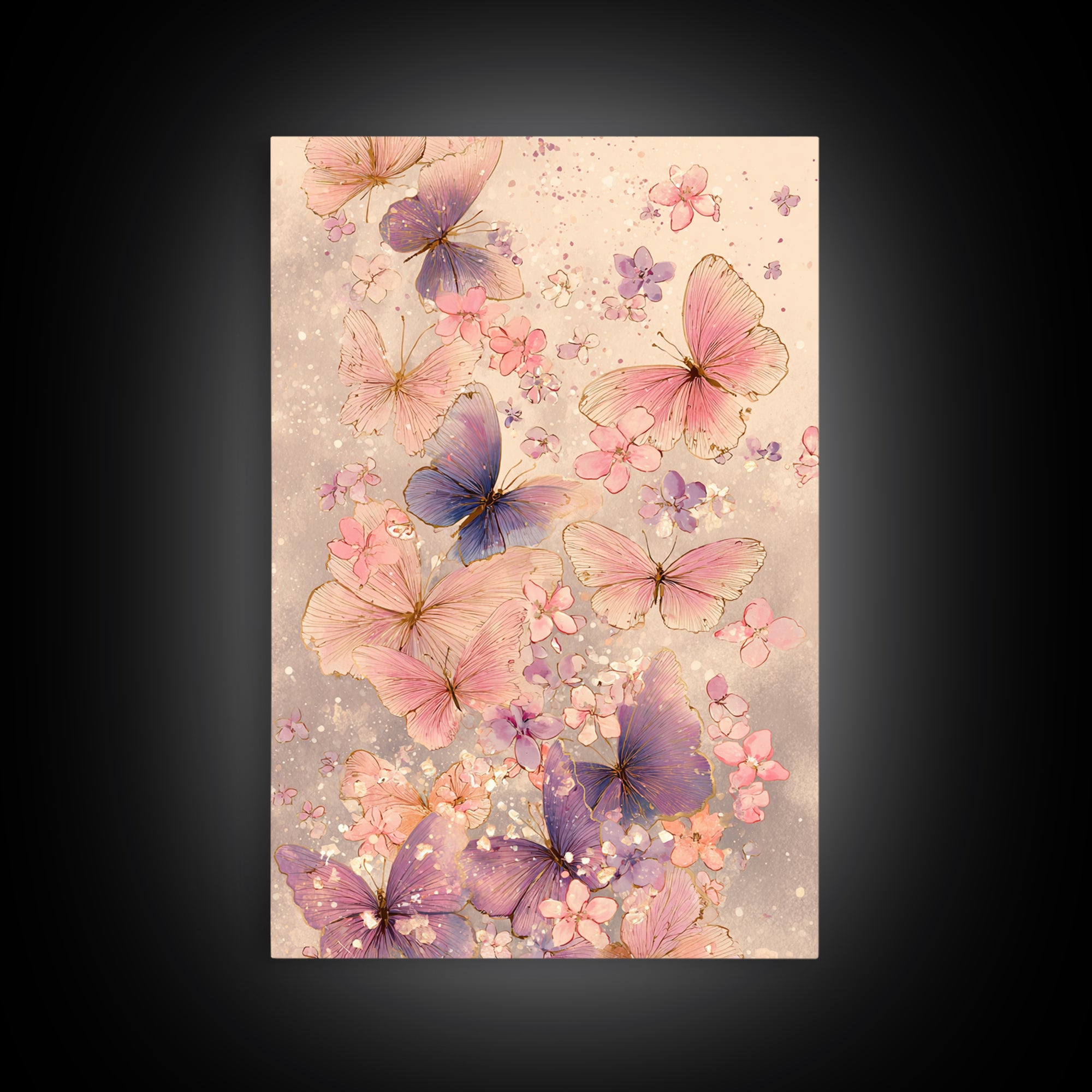 Pink And Purple Butterflies With Tiny Blossoms Framed Canvas Print, Feminine Wall Art, Butterfly Art Print, Nursery Decor