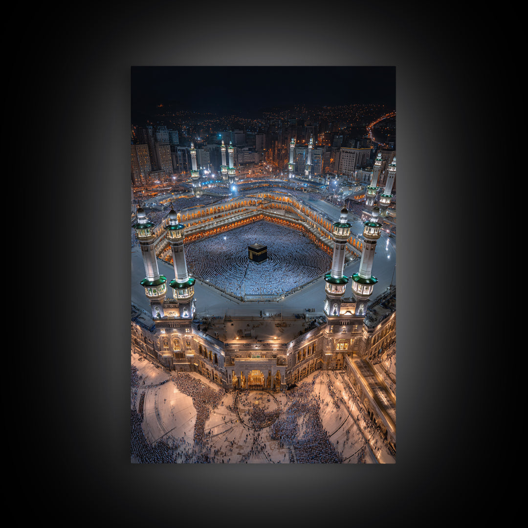 Aerial Nighttime View Of Mecca Holy Mosque And Kaaba Islamic Spiritual Artwork Large Wall Art Framed Canvas Print For Home Decor