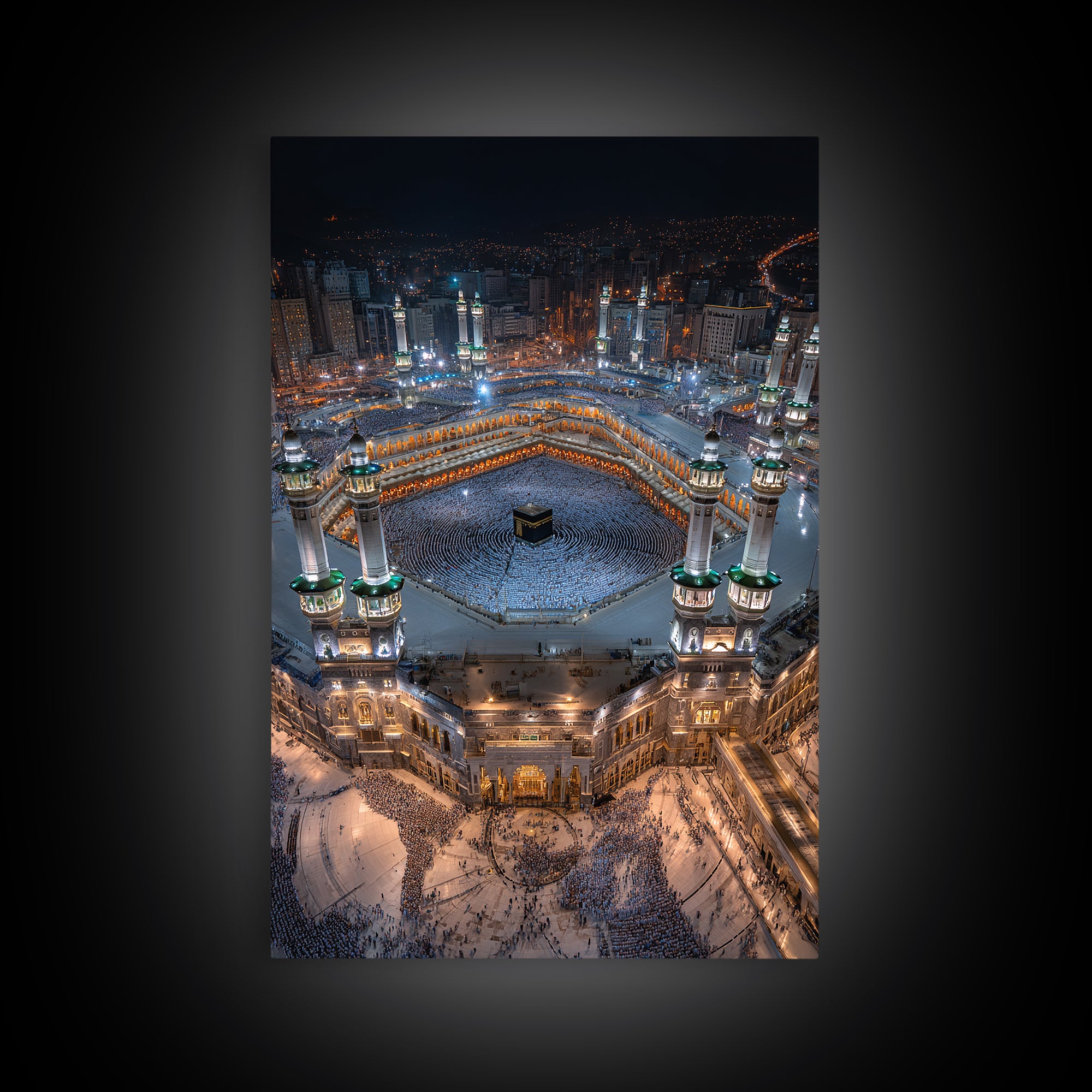 Aerial Nighttime View Of Mecca Holy Mosque And Kaaba Islamic Spiritual Artwork Large Wall Art Framed Canvas Print For Home Decor