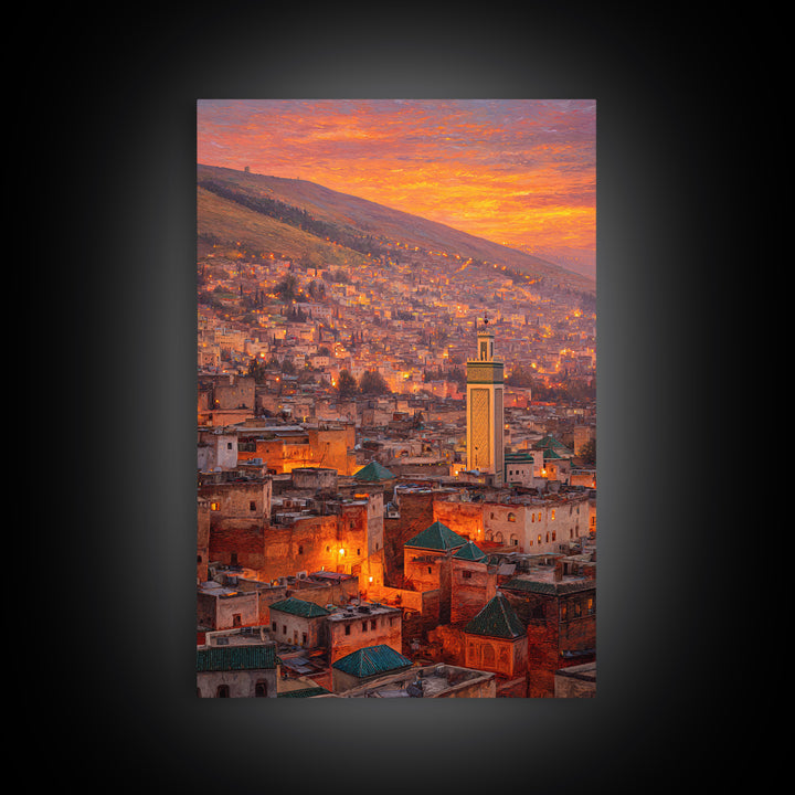 Sunlit Moroccan Cityscape At Dawn With Vibrant Orange Hues And Traditional Green Tiled Roofs Wall Art