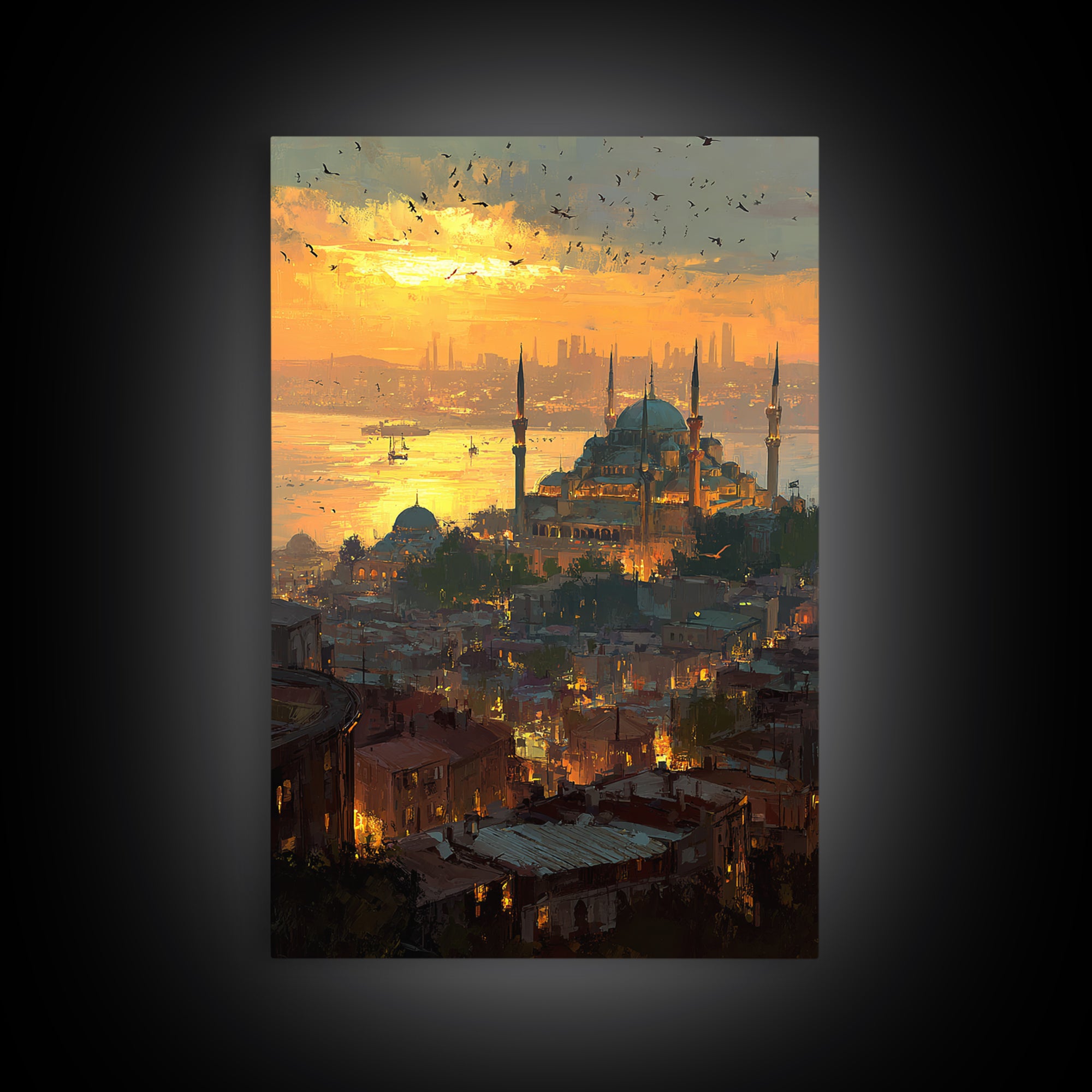 Sunset Cityscape With Mosque And Glowing Skyline Vibrant Fine Art Canvas Print For Urban Wall Decor