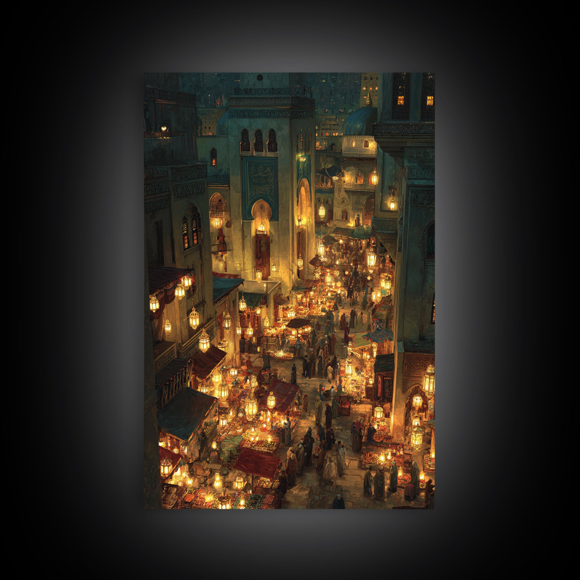 Bustling Middle Eastern Market At Night Glowing Lanterns Exotic Bazaar Wall Art Framed Canvas Print For Decor