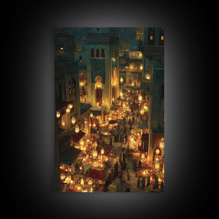 Bustling Middle Eastern Market At Night Glowing Lanterns Exotic Bazaar Wall Art Framed Canvas Print For Decor