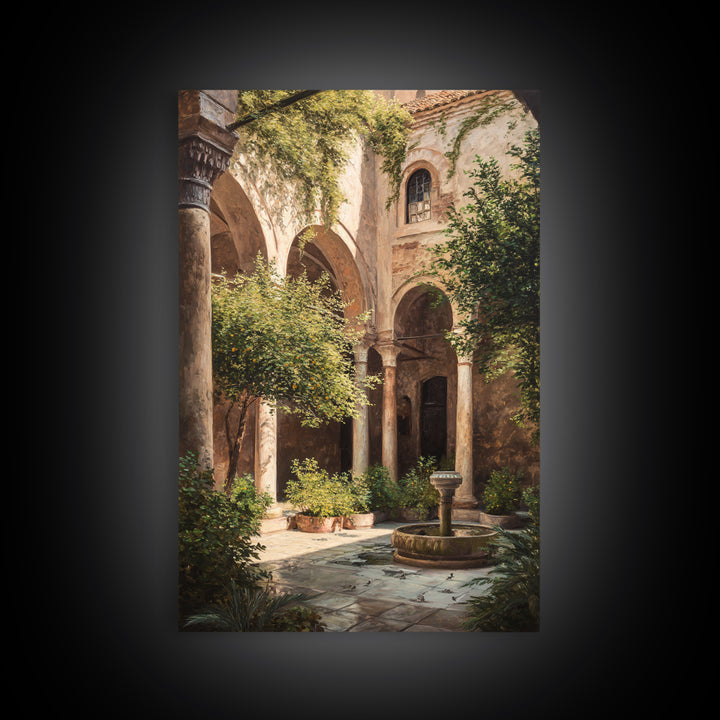 Sunlit Mediterranean Courtyard Garden Wall Art Framed Canvas Print For Rustic Home Decor
