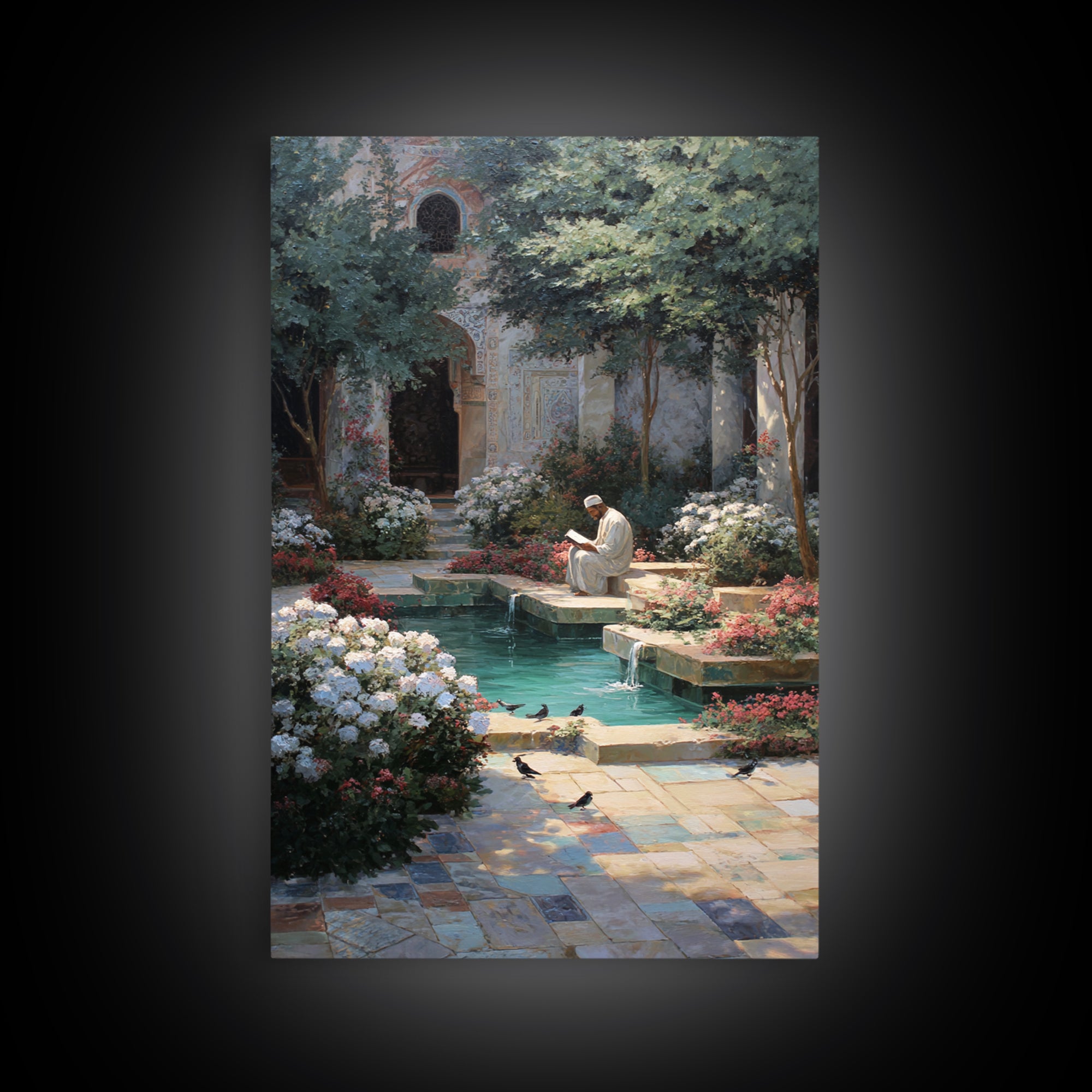 Serene Islamic Courtyard With Reflective Pool And Reading Man Oriental Framed Canvas Print Elegant Wall Art For Sophisticated Home